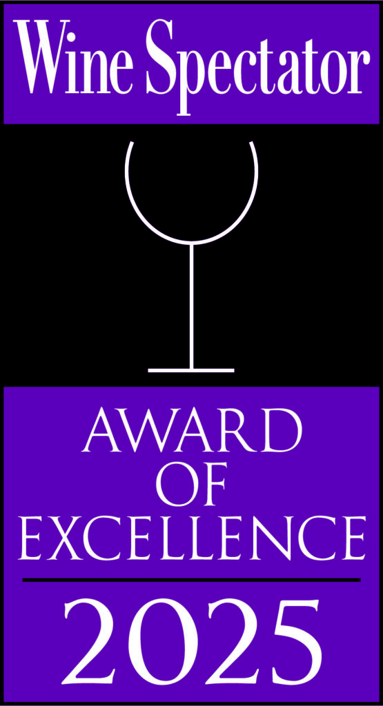 Wine Spectator Award of Excellence 2025 logo with a wine glass graphic on a black and purple background.