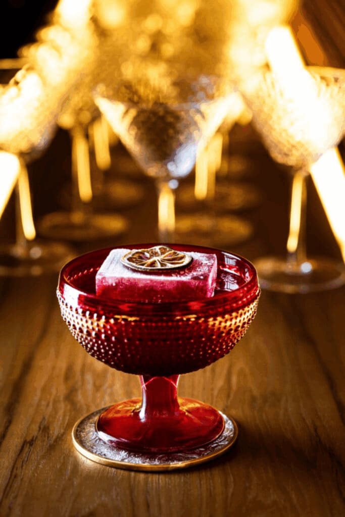 Red textured cocktail glass with a large ice cube and citrus garnish, dramatically lit.