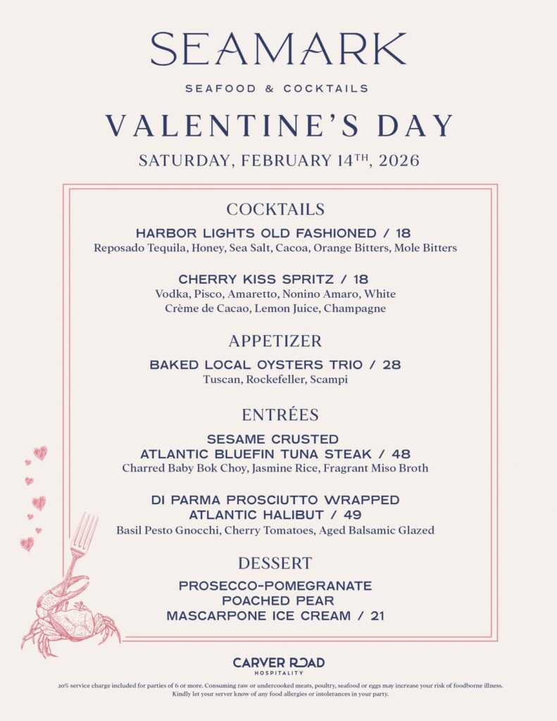 Seamark Seafood & Cocktails Valentine’s Day 2026 prix fixe menu with cocktails, appetizers, entrées, and dessert